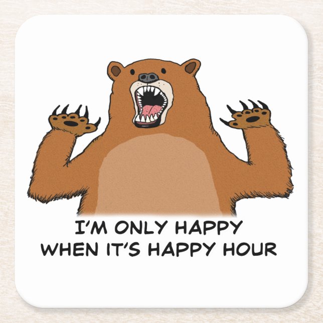 Funny Bear Only Happy During Happy Hour Square Paper Coaster (Front)