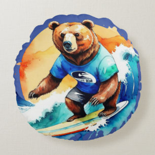 Funny bear surfing T-Shirt Round Pillow