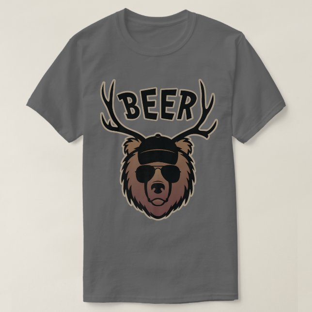 Funny Bear with Deer Antlers Beer Graphic Premium  T-Shirt (Design Front)