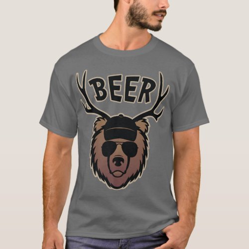 Funny Bear with Deer Antlers Beer Graphic Premium  T_Shirt