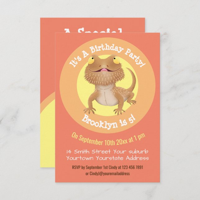 Funny bearded dragon cartoon invitation (Front/Back)