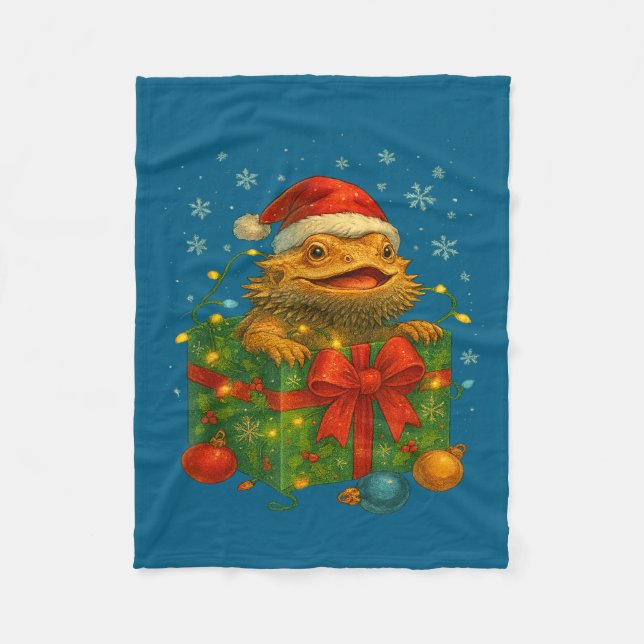 Funny Bearded Dragons Santa Christmas Tree Lights  Fleece Blanket (Front)