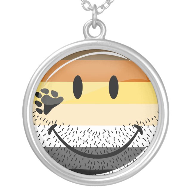 Funny Bearded Happy Gay Bear Pride Flag Silver Plated Necklace (Front)