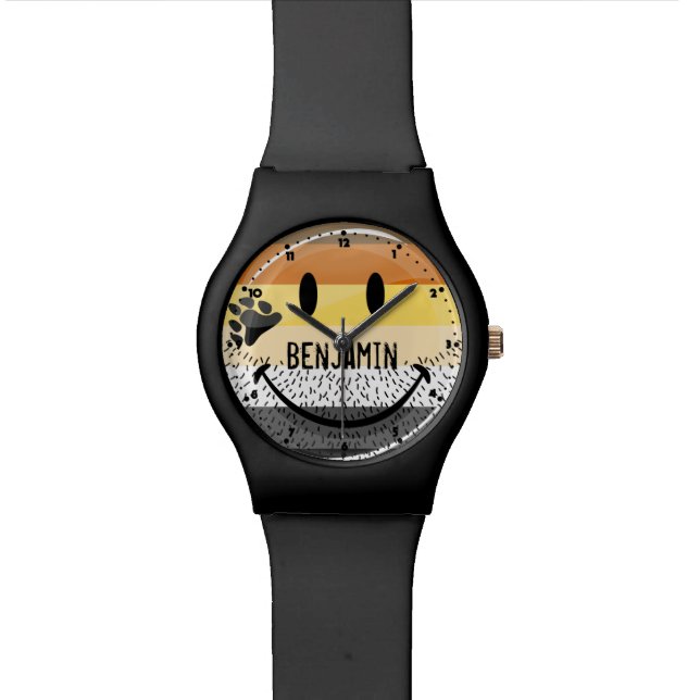 Funny Bearded Happy Gay Bear Pride Flag Watch (Close Up)