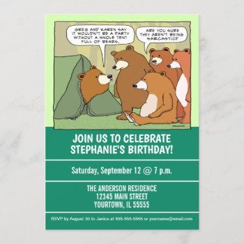 Funny Bears Outside Tent Birthday Party Invitation by chuckink at Zazzle