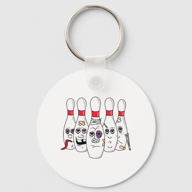 Funny Beat Up Bowling Pins Keychain (Front)