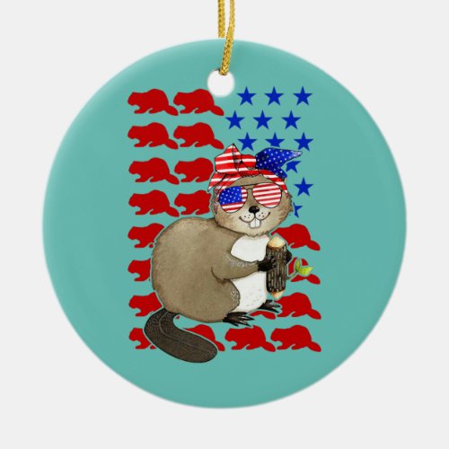 Funny Beaver American Flag Beaver Lover 4th Of Ceramic Ornament