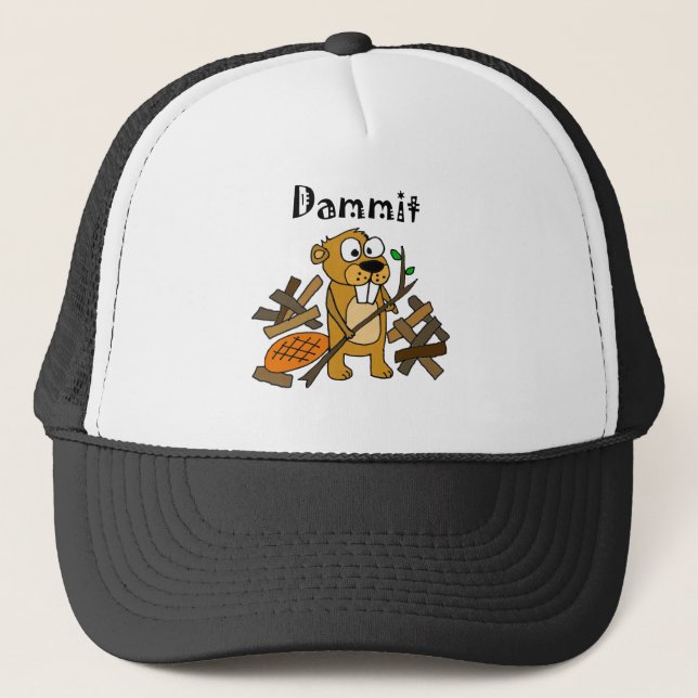 Funny Beaver and Dam Cartoon Trucker Hat (Front)