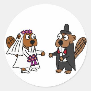 Funny Beaver Bride and Groom Wedding Classic Round Sticker