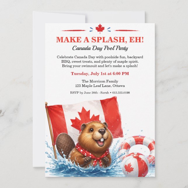 Funny Beaver Canada Day Pool Party Invitation (Front)