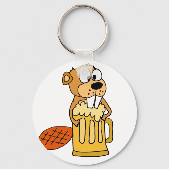 Funny Beaver Drinking Beer Keychain (Front)