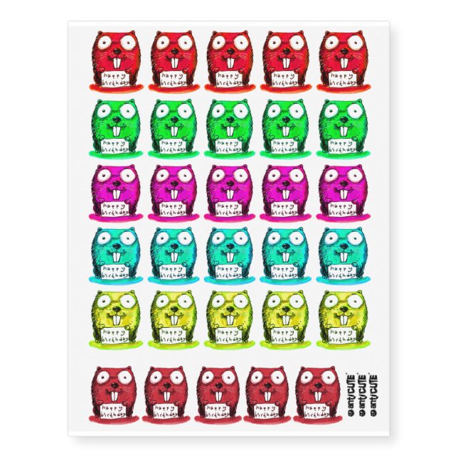 funny beaver holds happy birthday message cartoon temporary tattoos (Front)