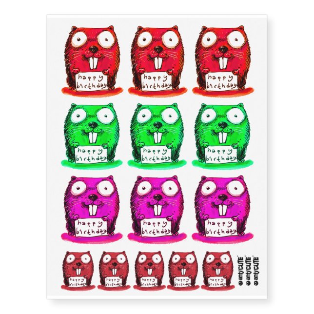 funny beaver holds happy birthday message cartoon temporary tattoos (Front)