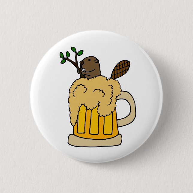 Funny Beaver in Beer Mug Button (Front)
