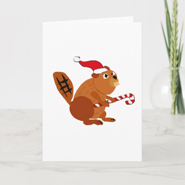Funny Beaver in Santa Hat Christmas Art Holiday Card (Front)