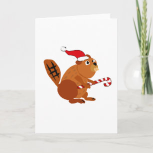 Funny Beaver in Santa Hat Christmas Art Holiday Card