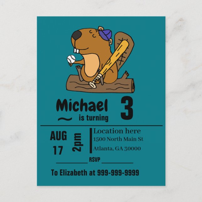 Funny Beaver Playing Baseball Birthday Party Invitation Postcard (Front)