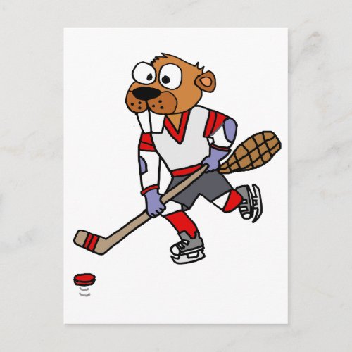 Funny Beaver Playing Ice Hockey Cartoon Postcard