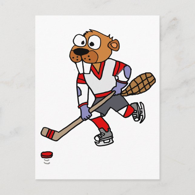 Funny Beaver Playing Ice Hockey Cartoon Postcard (Front)
