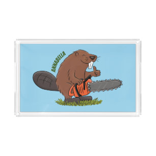 Funny beaver with chainsaw cartoon humor acrylic tray