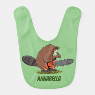 Funny beaver with chainsaw cartoon humor baby bib