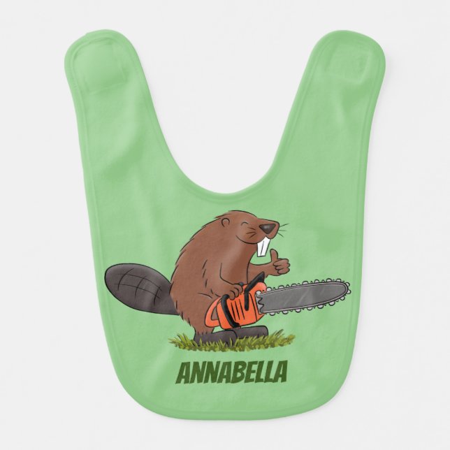 Funny beaver with chainsaw cartoon humor baby bib (Front)