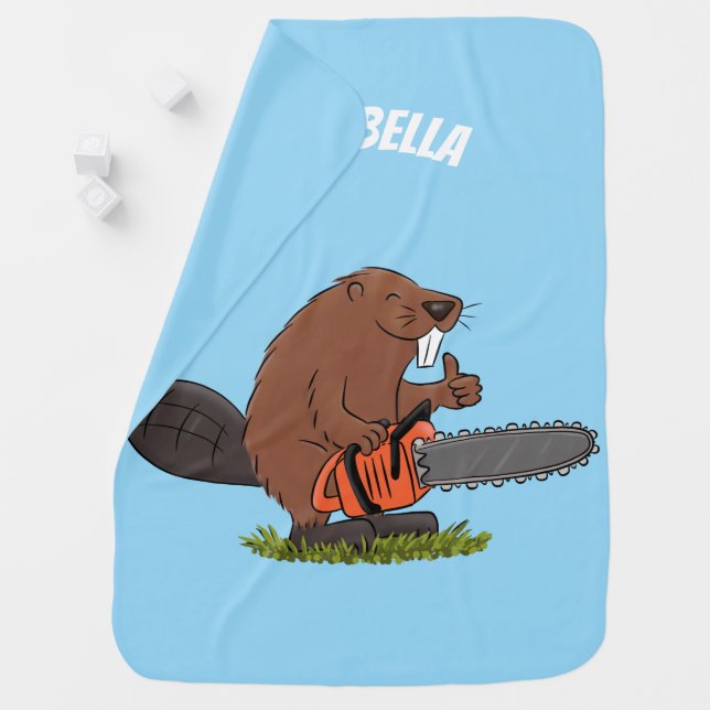 Funny beaver with chainsaw cartoon humor baby blanket (In Situ)