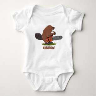 Funny beaver with chainsaw cartoon humor baby bodysuit