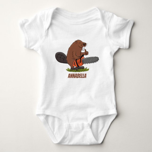 Funny beaver with chainsaw cartoon humor baby bodysuit (Front)