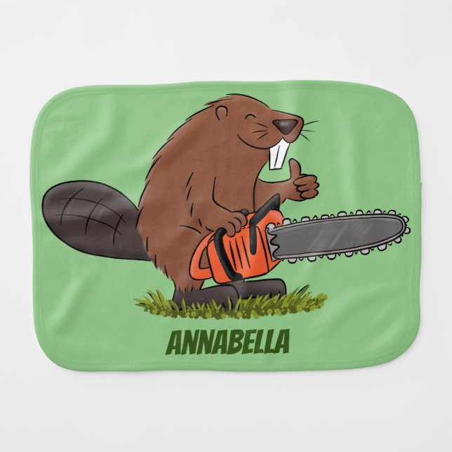 Funny beaver with chainsaw cartoon humor baby burp cloth (Front Horizontal)