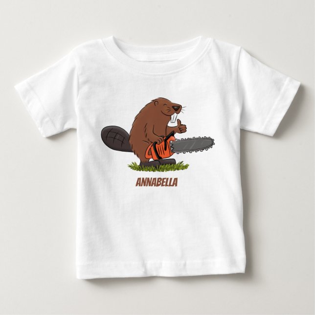 Funny beaver with chainsaw cartoon humor baby T-Shirt (Front)