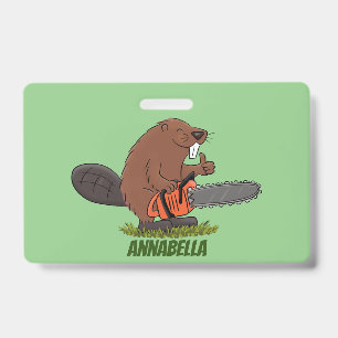 Funny beaver with chainsaw cartoon humor badge
