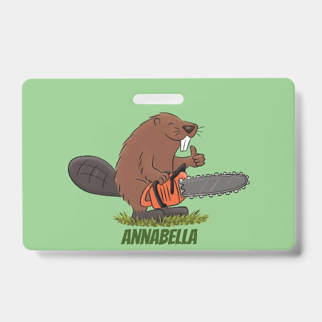Funny beaver with chainsaw cartoon humor badge (Front)