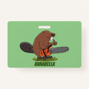 Funny beaver with chainsaw cartoon humor badge