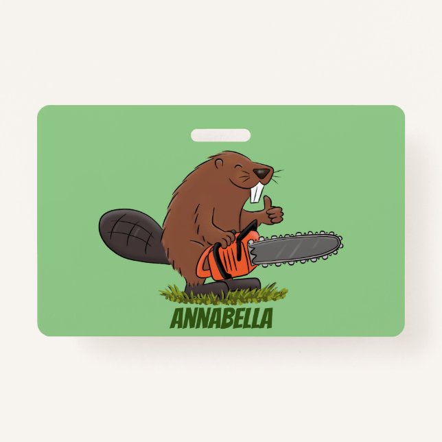Funny beaver with chainsaw cartoon humor badge (Front)