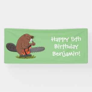 Funny beaver with chainsaw cartoon humor banner