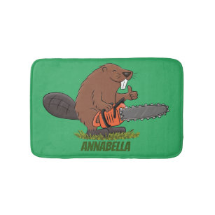 Funny beaver with chainsaw cartoon humor bath mat