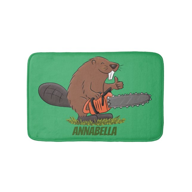 Funny beaver with chainsaw cartoon humor bath mat (Front)