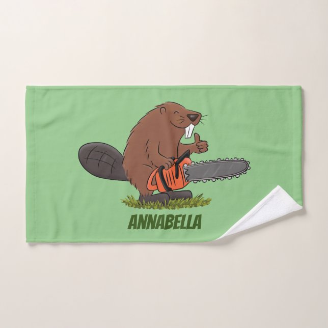Funny beaver with chainsaw cartoon humor bath towel set (Hand Towel)