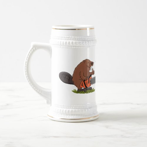 Funny beaver with chainsaw cartoon humor beer stein