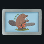 Funny beaver with chainsaw cartoon humor belt buckle<br><div class="desc">This happy beaver is ready to build his lodge with a chainsaw. Drawn in fun cartoon illustration style!</div>