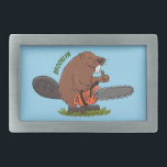 Funny beaver with chainsaw cartoon humor belt buckle<br><div class="desc">This happy beaver is ready to build his lodge with a chainsaw. Drawn in fun cartoon illustration style!</div>