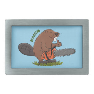 Funny beaver with chainsaw cartoon humor belt buckle