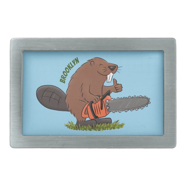 Funny beaver with chainsaw cartoon humor belt buckle (Front)