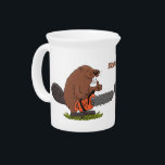 Funny beaver with chainsaw cartoon humor beverage pitcher<br><div class="desc">This happy beaver is ready to build his lodge with a chainsaw. Drawn in fun cartoon illustration style!</div>