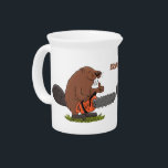 Funny beaver with chainsaw cartoon humor beverage pitcher<br><div class="desc">This happy beaver is ready to build his lodge with a chainsaw. Drawn in fun cartoon illustration style!</div>