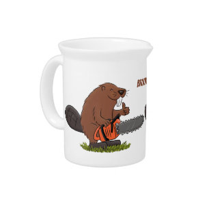 Funny beaver with chainsaw cartoon humor beverage pitcher