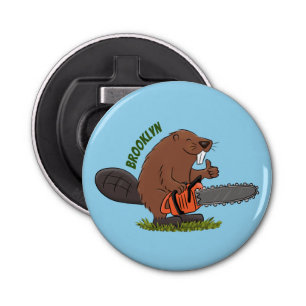 Funny beaver with chainsaw cartoon humor bottle opener