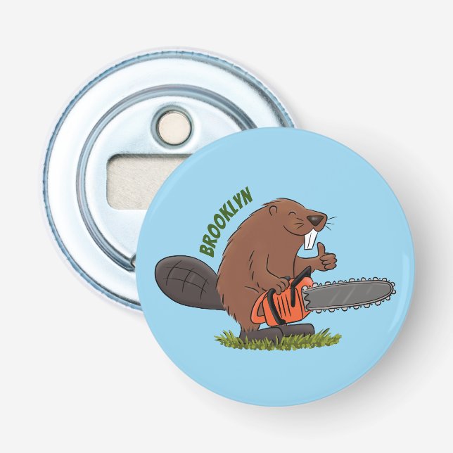 Funny beaver with chainsaw cartoon humor bottle opener (Front)
