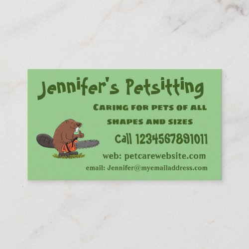 Funny beaver with chainsaw cartoon humor business card